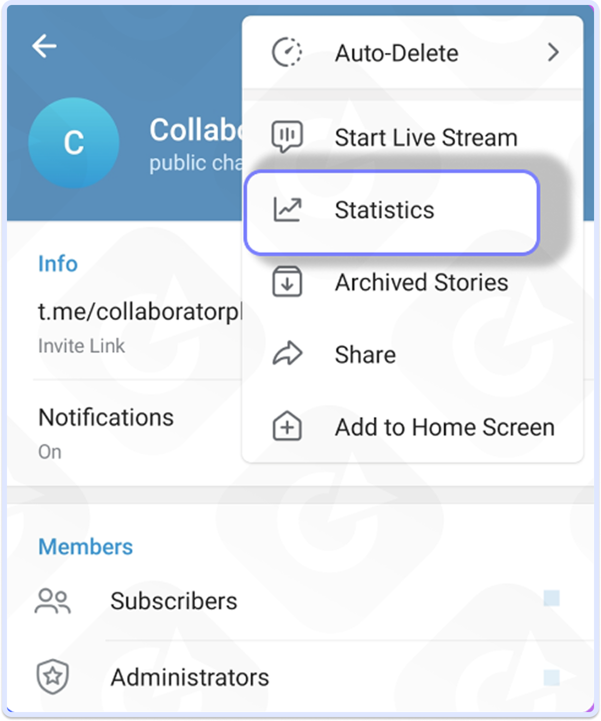 How to view statistics in Telegram. Telegram channel menu highlighting Statistics feature